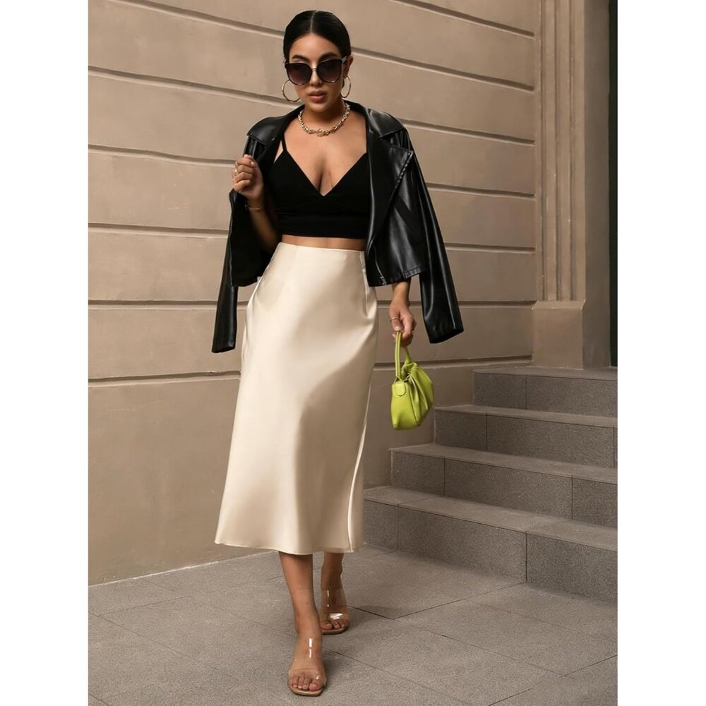 Women's Beige Satin Elegant Fishtail Silk A Line Casual luxurious Midi Skirt - Picture 3 of 6